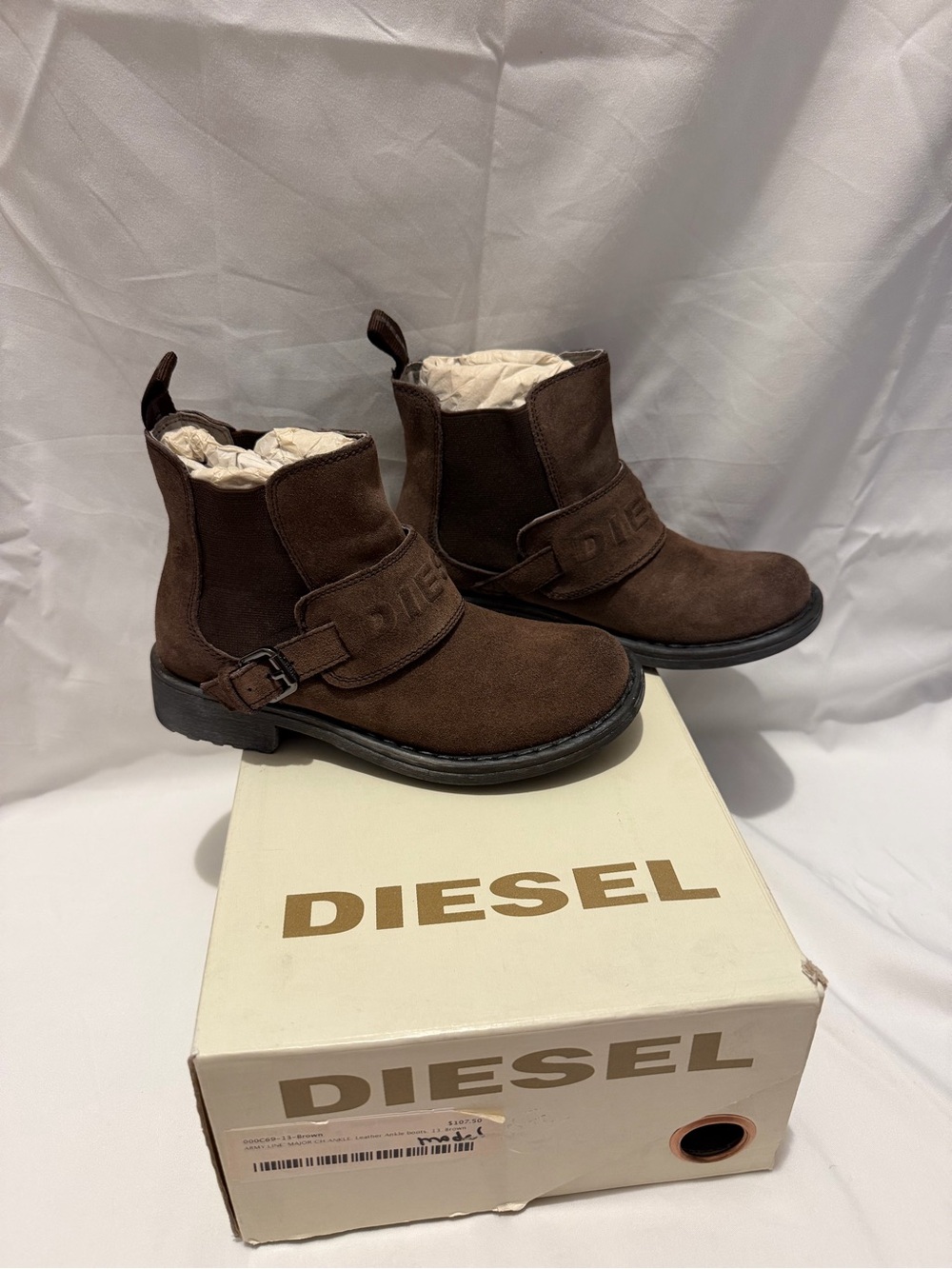 NWT Diesel Army Major Brown Suede Boots Kids 13 Chelsea Buckle
